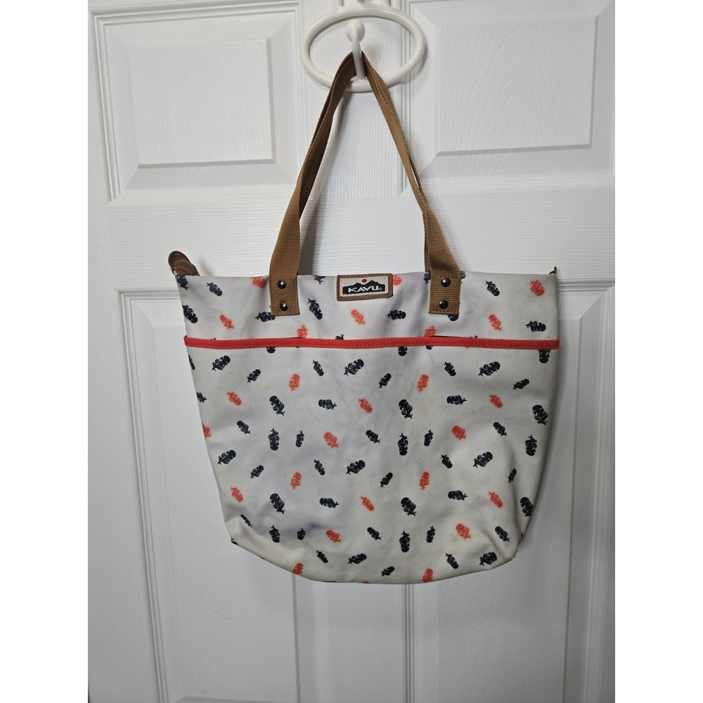 Kavu Tote Bag Multicolor Feathers Straps Pockets Travel Beach Mountain Tote